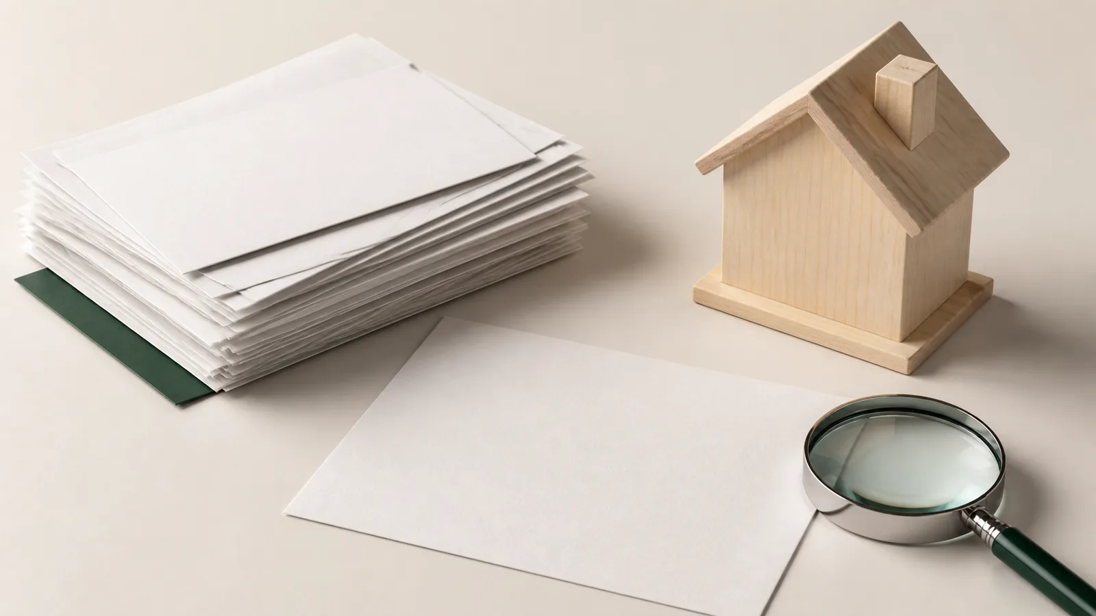 Stos papierowych faktur i cenników obok drewnianej makiety domu i lupy na jasnym blacie